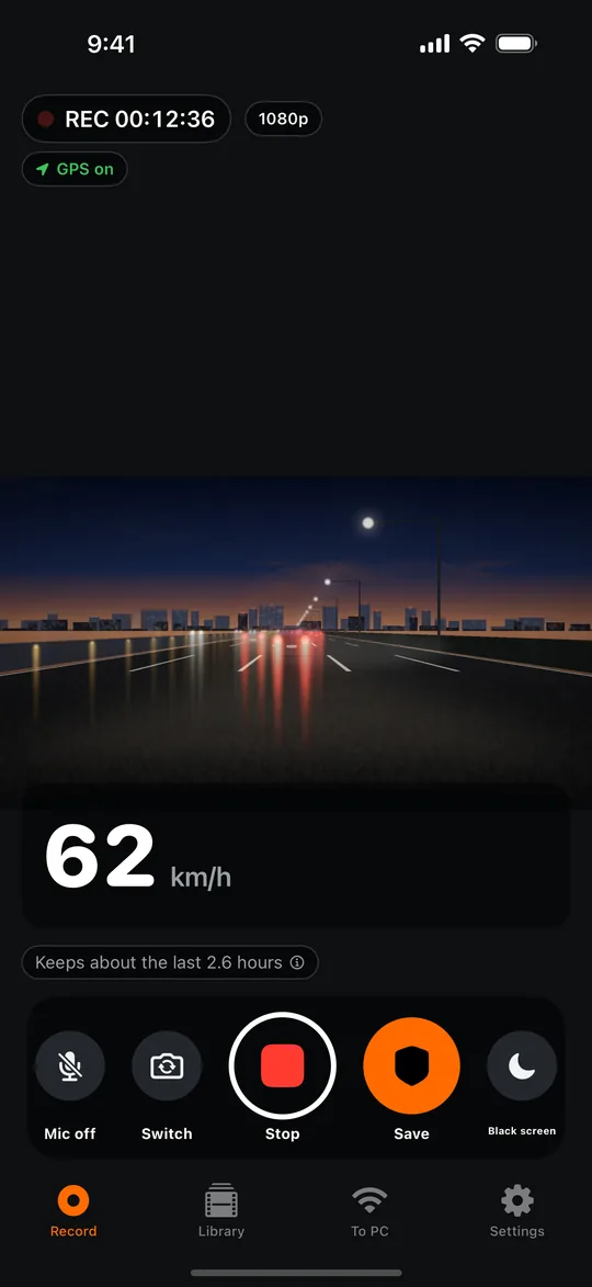 Record screen: REC 00:12:37, GPS on, 62 km/h, with large Stop and Save buttons