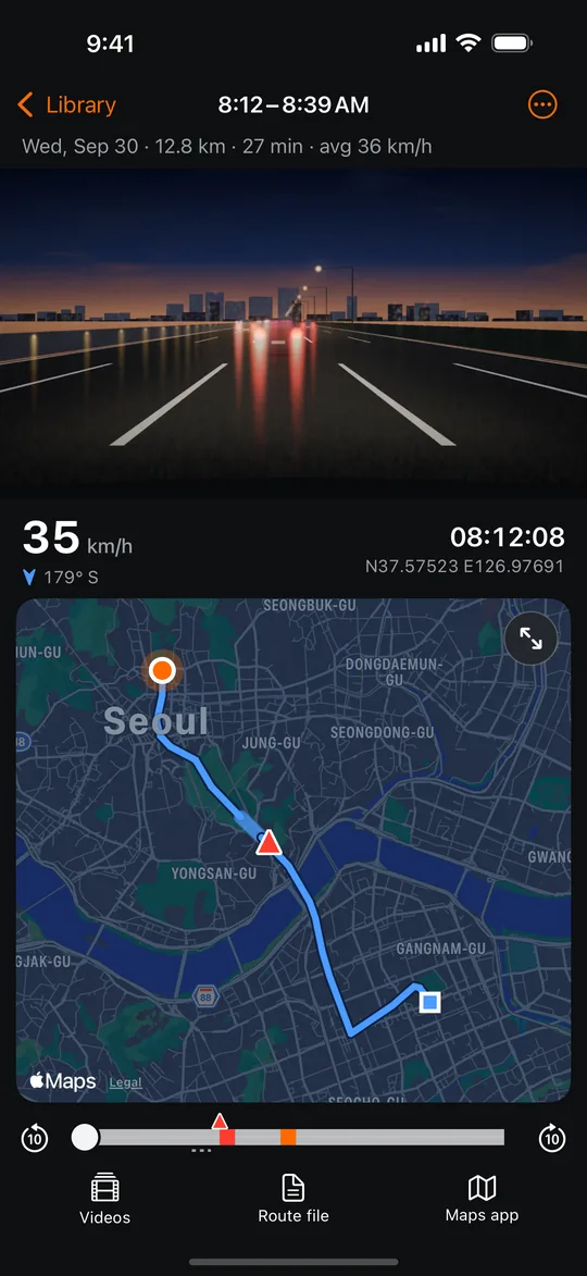 Trip detail: a drive through Seoul on the map with speed, time and position