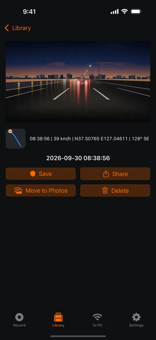 Playback with the recorded time, speed and GPS position